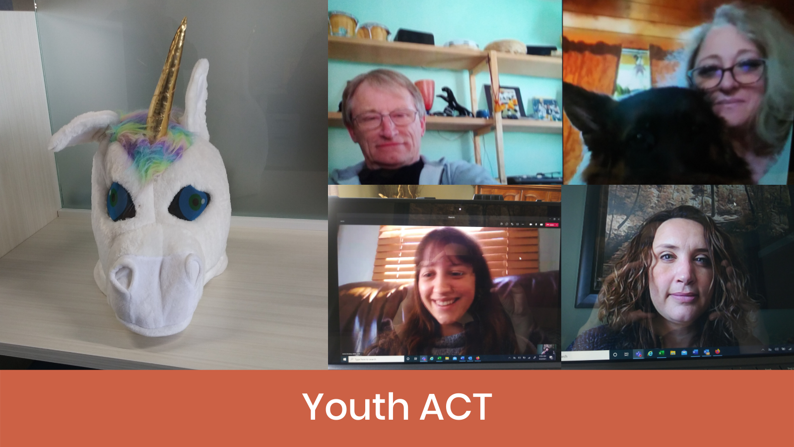 Members of the Youth ACT Team meeting digitally, plus a plush unicorn (their mascot)