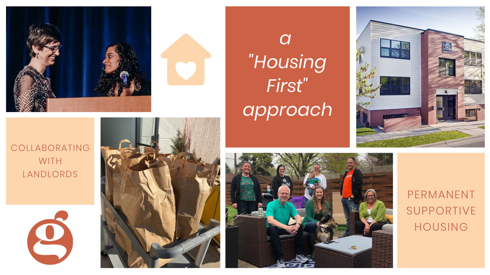 Collage with photos of staff, Guild facilities, and the phrases "a Housing First approach," "permanent supportive housing," and "collaborating with landlords"